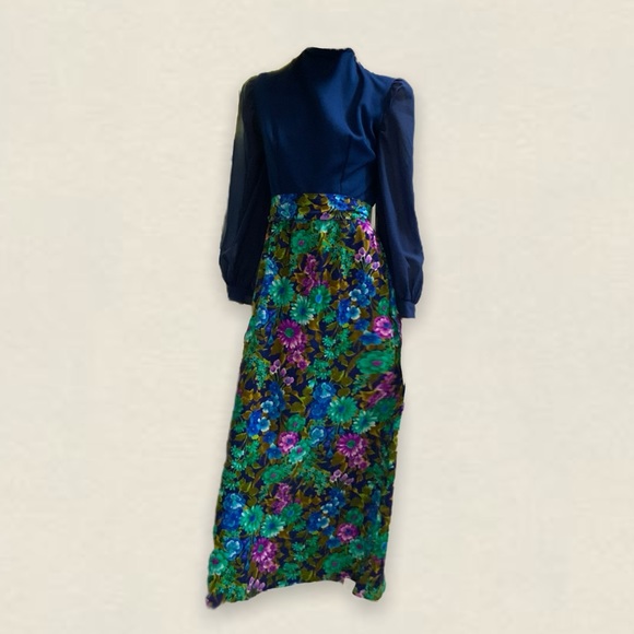 Handmade 70s long mock neck blue floral maxi dress - Picture 2 of 6